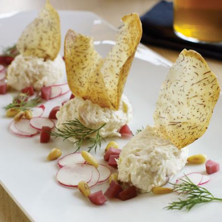 Smoked haddock fish dip with radish salad and taro chips