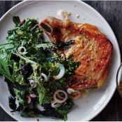 Flattened Pork Chops with Greens and Mustard Pan Sauce