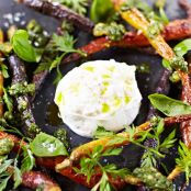 Roasted Carrots with Carrot-Top Pesto and Burrata