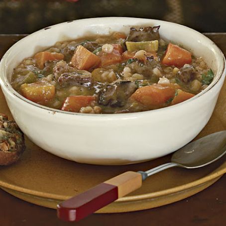 Beef, Barley, and Butternut Squash Stew with Blue Cheese Croutons