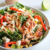 Hummus Marinated Grilled Chicken Salad with Hummus-Salsa Dressing