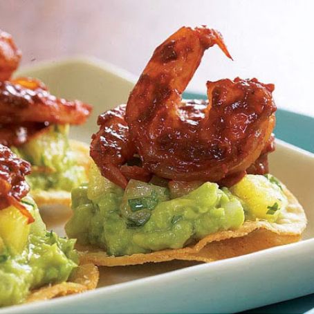 Coconut-Chile Shrimp Tostadas with Pineapple Salsa and guacamole