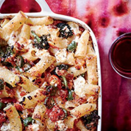 Baked Rigatoni with Broccoli, Green Olives and Pancetta