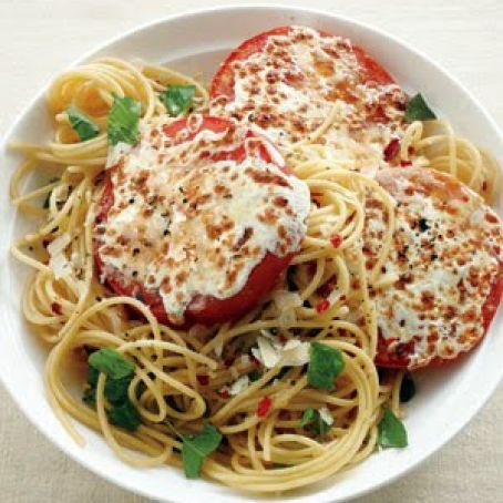 Basil Spaghetti With Cheesy Broiled Tomatoes