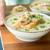Creamy Mushroom Brie Soup with Garlicky Mushroom Bruschetta