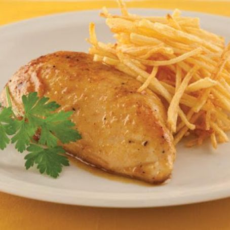 Pechugas de pollo con curry, miel y papas paille