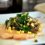 Pan Seared Salmon with Maitake, Italian Basil, Sweet Corn and Watercress Sautee