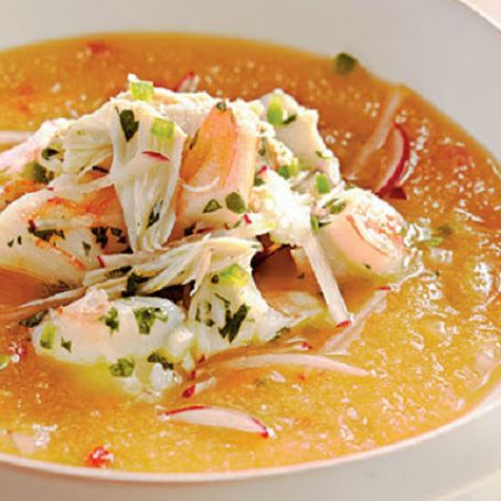 Peach Soup with Shrimp and Crab