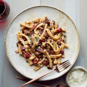 Casarecce with Sausage, Pickled Cherries and Pistachios