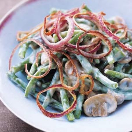 Green Beans With Mushrooms and Crispy Onion Rings
