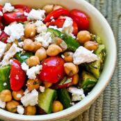 Cucumber and Tomato Salad with Marinated Garbanzo Beans, Feta, and Herbs