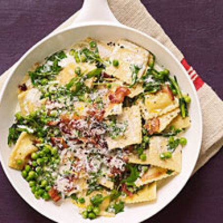 Pan-Seared Ravioli with Peas, Bacon and Mint