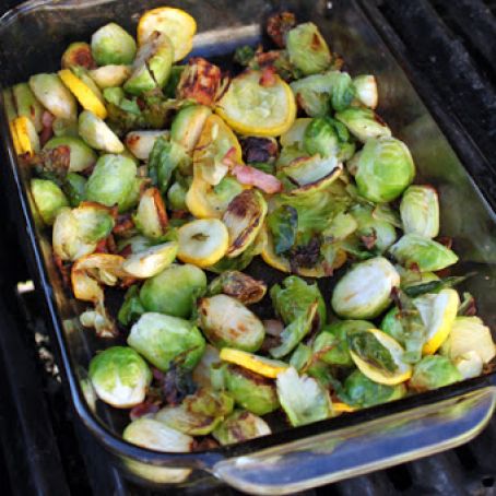 Grilled Brussel Sprouts with Yellow Squash and Bacon