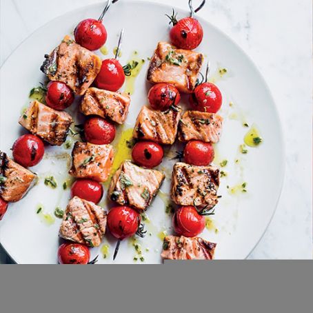 Salmon and Cherry Tomato Skewers with Rosemary Vinaigrette