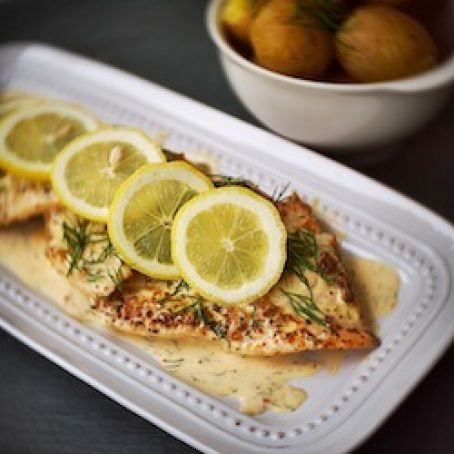 Sautéed white fish in a creamy lemon dill sauce.