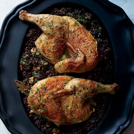 Cast-Iron Roast Chicken with Lentils and Walnut Vinaigrette