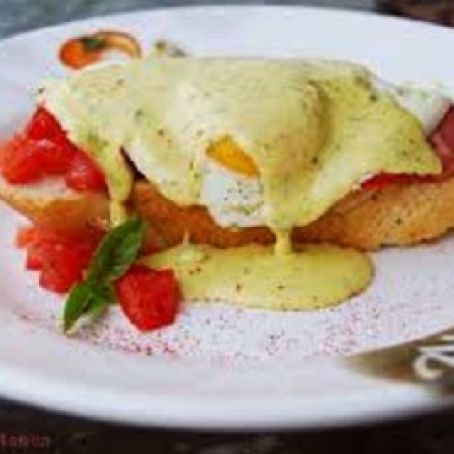 Eggs Benedict with Smoked Shrimp, Tomato and Basil