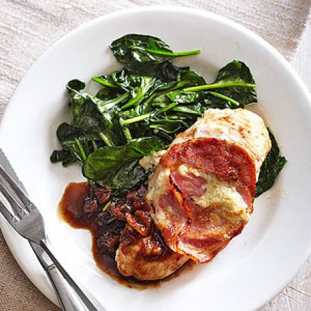 Pancetta-Wrapped Chicken with Glazed Date Sauce