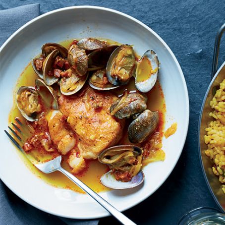 Hake, Clams and Chorizo in Broth with Paella Rice