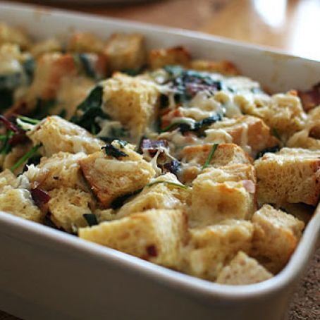 Arugula, Bacon, and Gruyere Bread Pudding