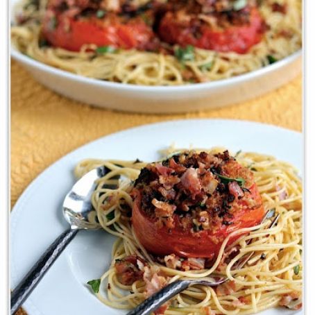 Spaghetti with Roasted Tomatoes, Garlic, Pancetta