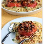 Spaghetti with Roasted Tomatoes, Garlic, Pancetta