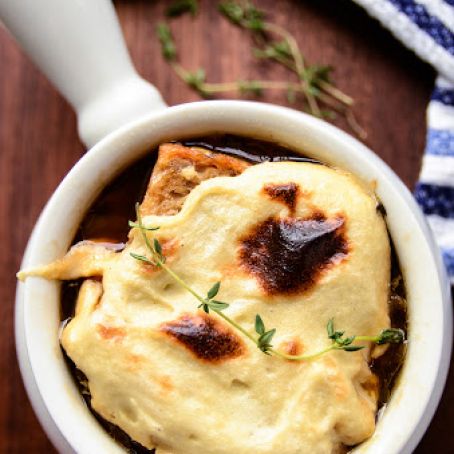 French Onion Soup with homemade mozzarella