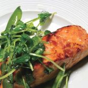 Salmon with Sweet Chili Glaze, Sugar Snap Peas, and Pea Tendrils