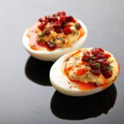 Deviled Eggs with Crispy Chorizo, Chorizo Oil, and Smoked Paprika