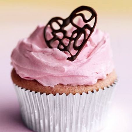 Raspberry Cupcakes with Pink Buttercream and Lacy Chocolate Hearts