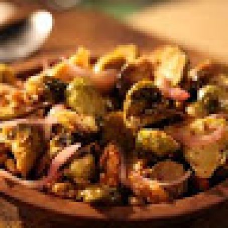 Roasted Brussels Sprouts with a Bacon, Mustard and Walnut Vinaigrette