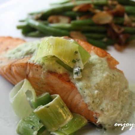Blackened Salmon with Leeks and Cilantro-Ginger Coulis