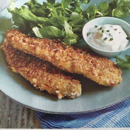 Pretzel Crusted Chicken Breast Tenders with garlicky dipping sauce