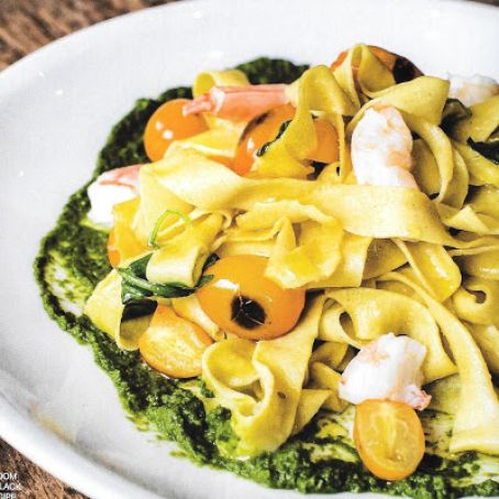 SHRIMP AND BURST SUN GOLD TOMATO PASTA