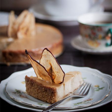 Pear and Ginger Ricotta Cheesecake with Salted Caramel Drizzle