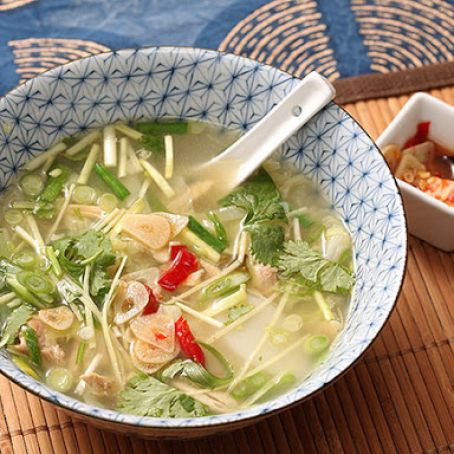 Easy Chicken and Ginger Soup With Rice Cakes, Chives, and Quick-Pickled Garlic