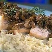 Pan-Seared Chicken with Porcini-Chestnut Sauce with Steamed Spinach and Orzo