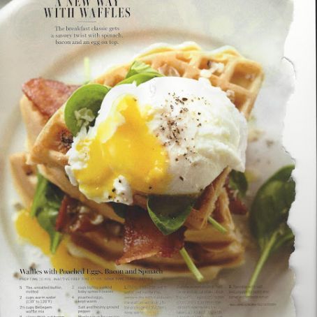 Waffles with poached eggs bacon and spinach