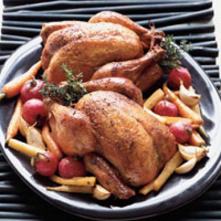 Roasted Blue Foot Chickens with Glazed Parsnips and Carrots