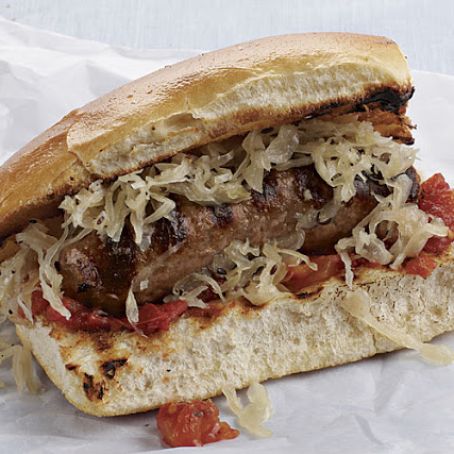 Grilled Bratwurst Sandwiches with Tomato Jam and Sauerkraut