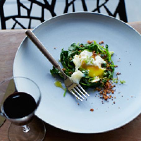 Poached Eggs with Bacon Crumbs and Spinach