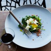 Poached Eggs with Bacon Crumbs and Spinach