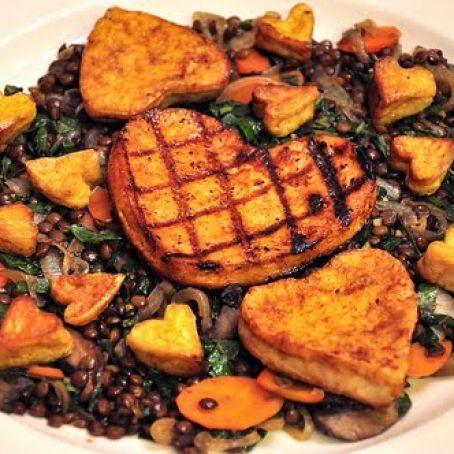Lentil, Mushroom and Collard Greens Stew, Cherry Smoked Tofu Hearts