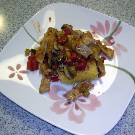 Easy Pork Grillades over panko-crusted grit patties