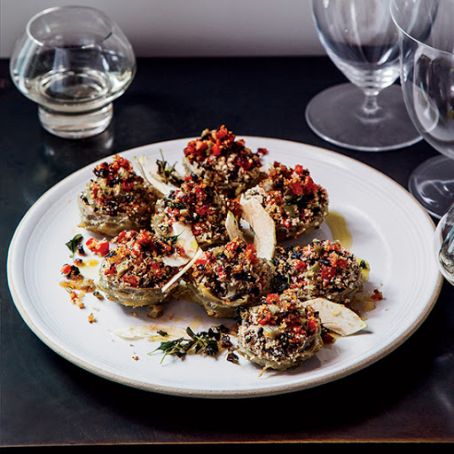 Braised Artichoke Hearts Stuffed with Olives and Herbs