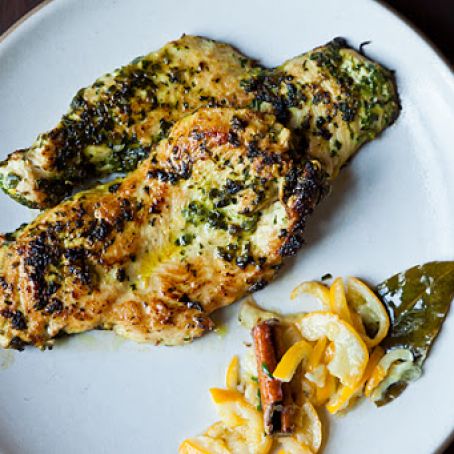 Chicken Cutlets Grilled in Charmoula with a Quick Lemon Confit