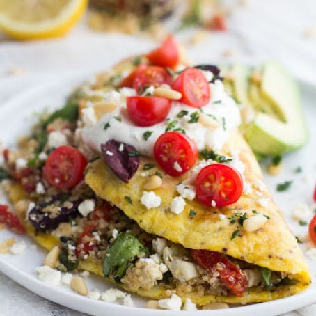 Greek Quinoa Dinner Omelets with Feta and Tzatziki.