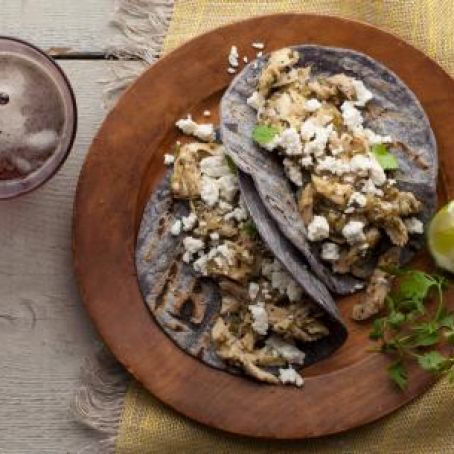 Shredded Chicken and Tomatillo Tacos with Queso Fresco