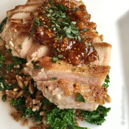 Seared Pork Chops & Fig Compote with Sautéed Kale & Farro Salad