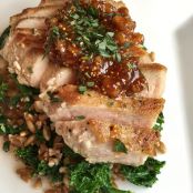Seared Pork Chops & Fig Compote with Sautéed Kale & Farro Salad